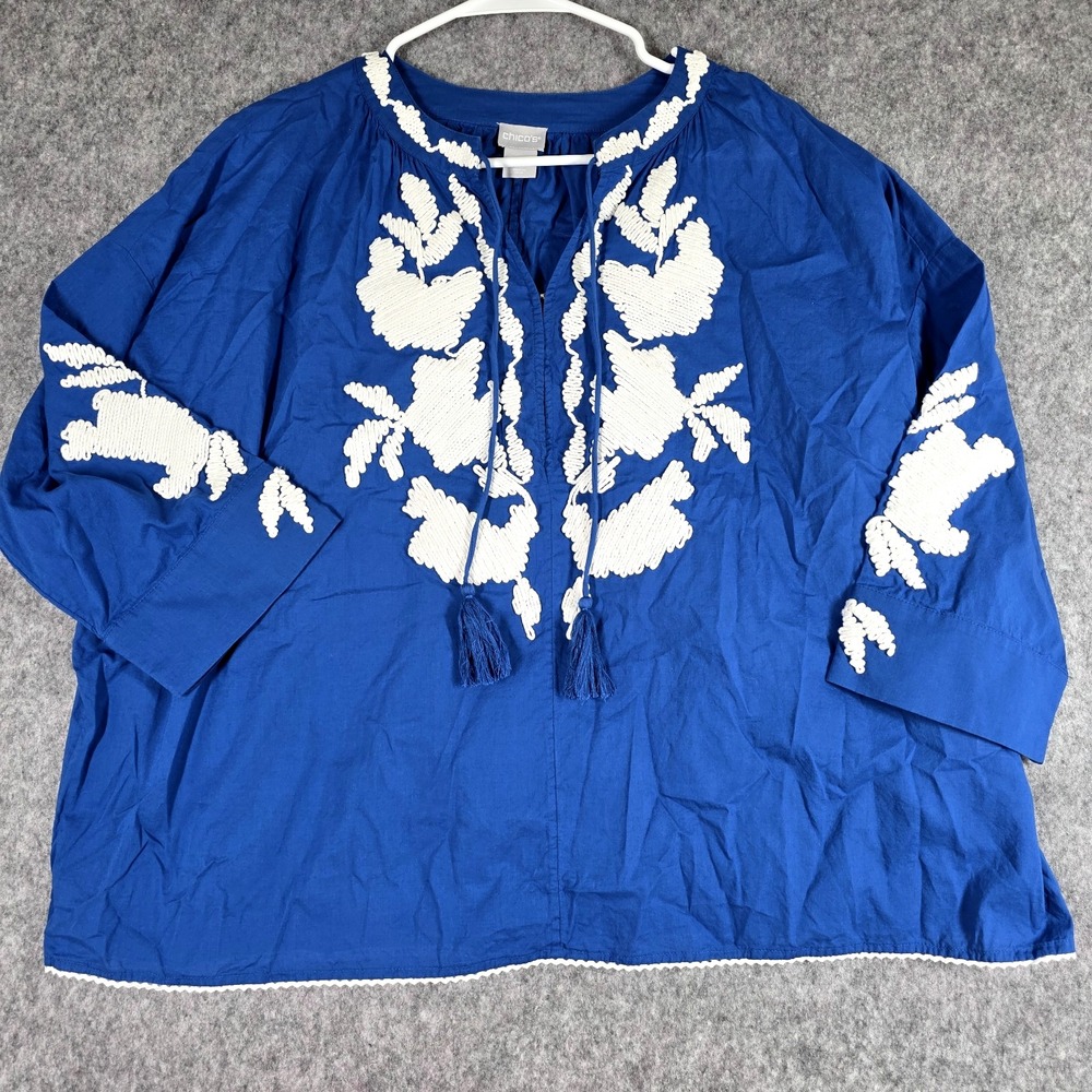 Chicos Embroidered Peasant Top Blue White Flowy Boho Blouse Tassel Tie sz 8 / 10